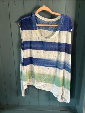 DKNY Striped Scoop Neck Tank Top in Blue, Green, White | Size 2X